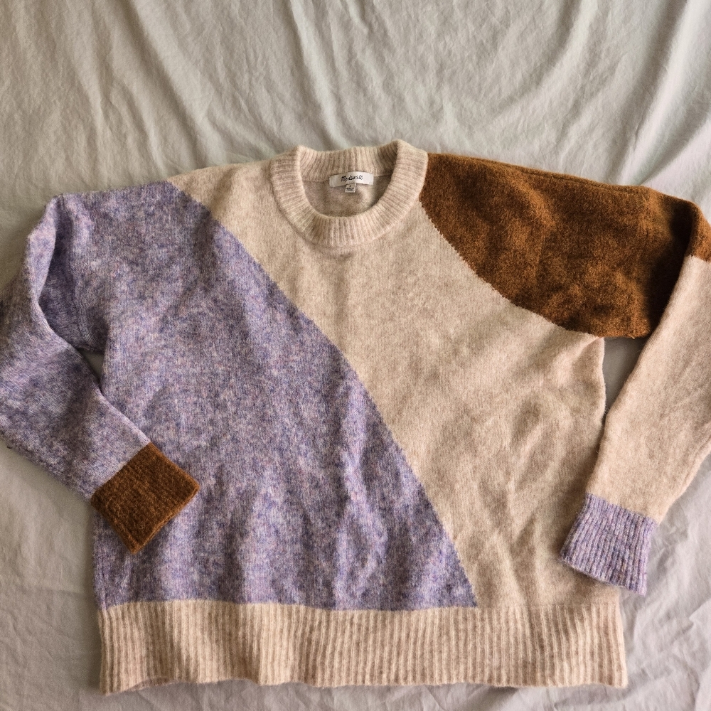 Madewell 🐑 Cedarbrook Pullover Sweater Colorblock Wool Blend Oatmeal & Blue